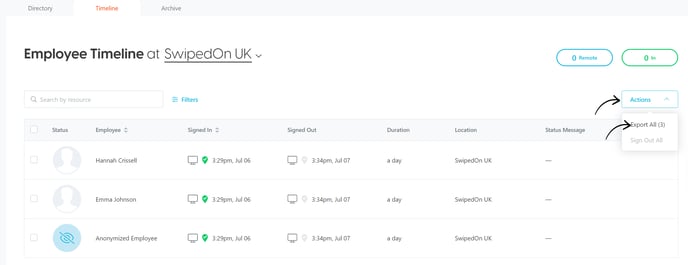 Employee timeline export all