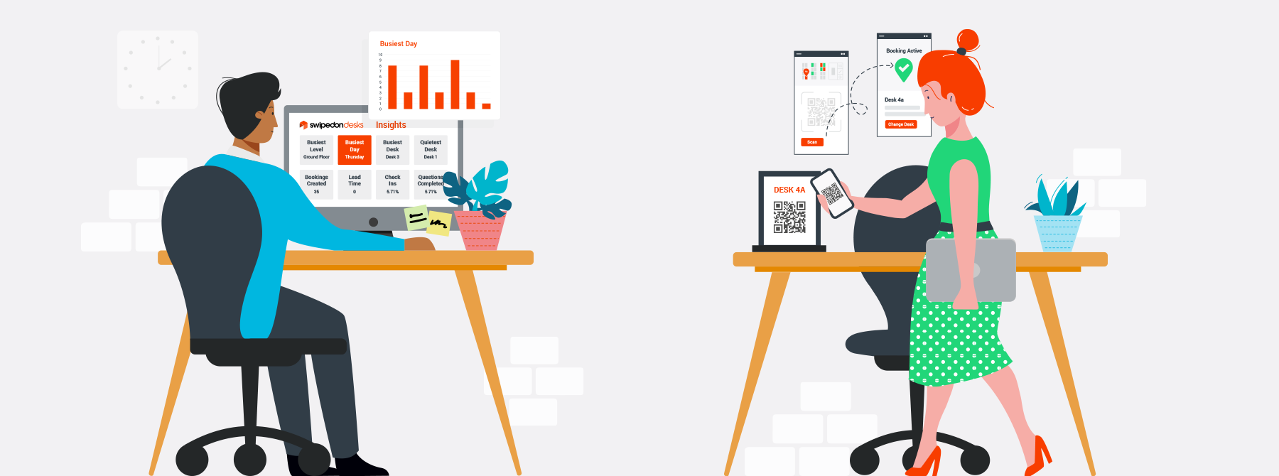 Man and woman in office with swipedon desks