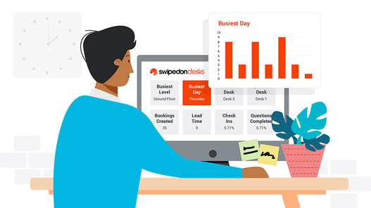 man looking at SwipedOn desks data on computer