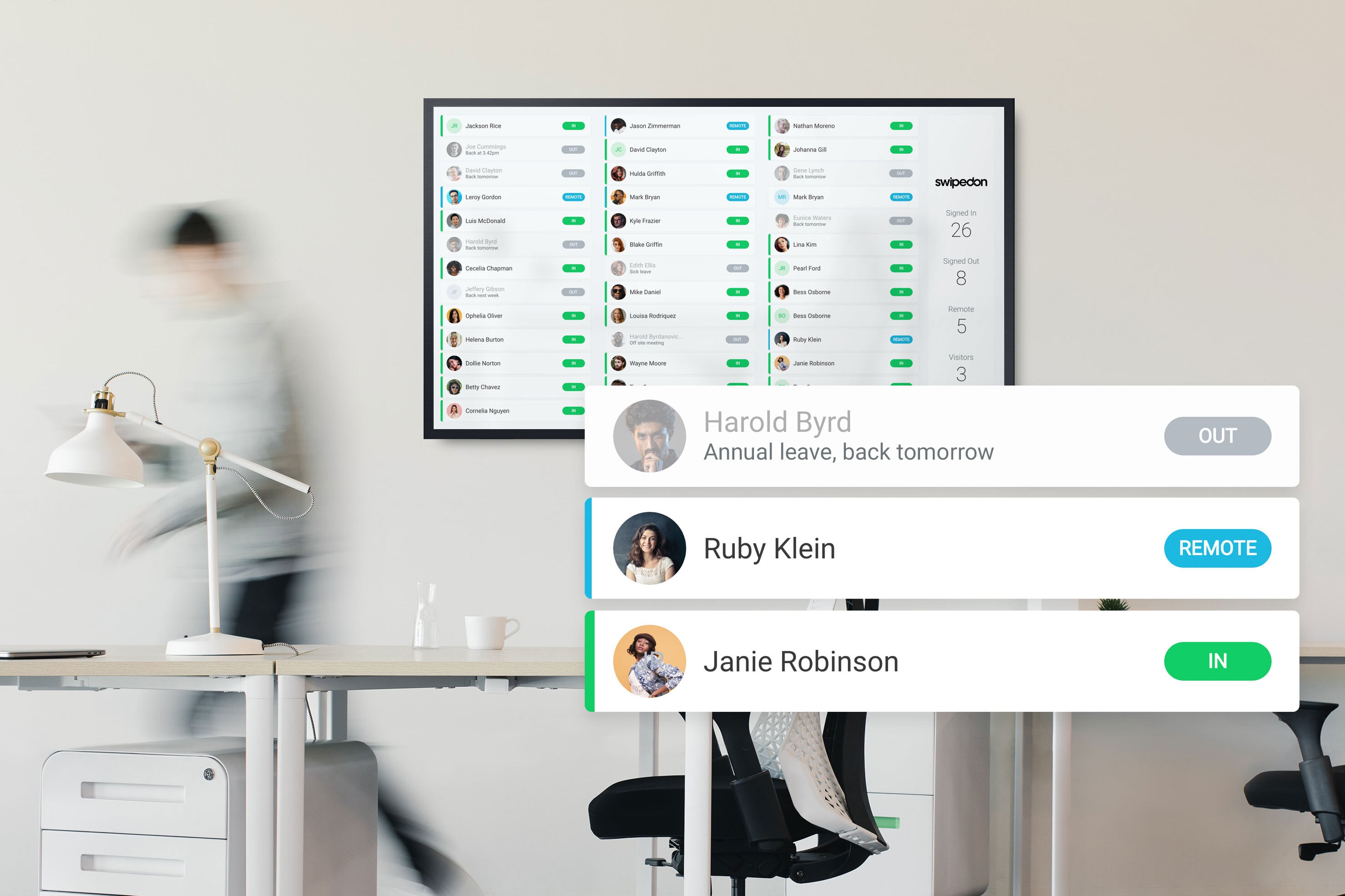 What is an employee status board? Real time log of employee sign in and out shown on a large dashboard.