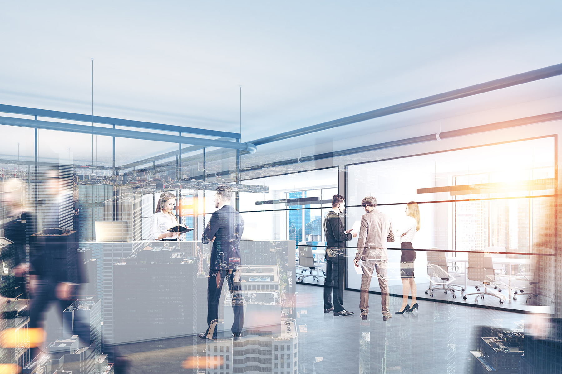 people standing in a busy lobby